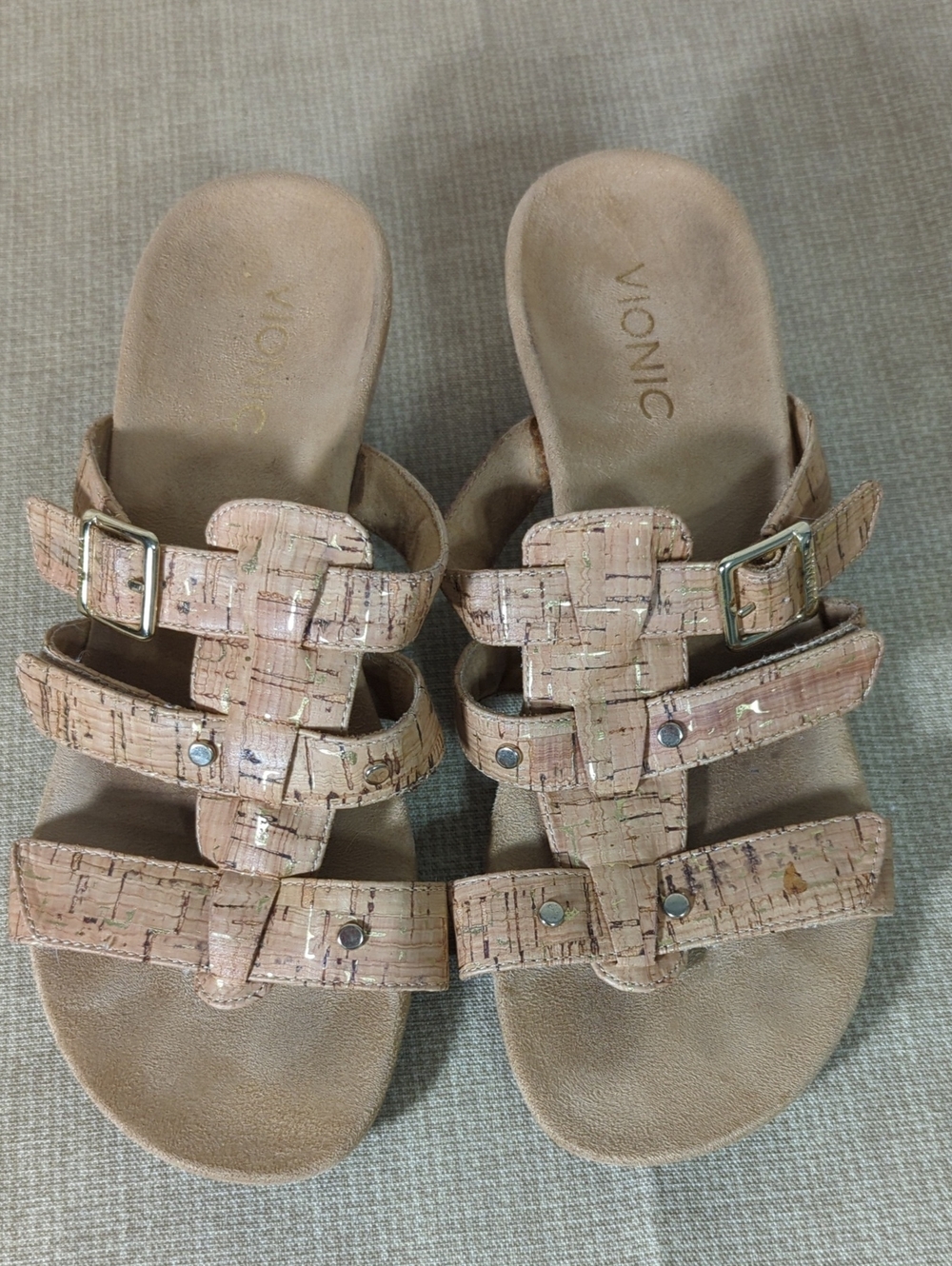 Vionic Women's Cork-Patterned Goldtone Tan Slide Sandals Size 7